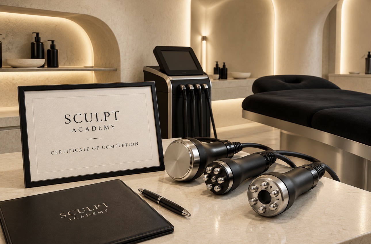 SCULPT Academy certificate of completion beside three body-contouring handpieces on a spa treatment counter